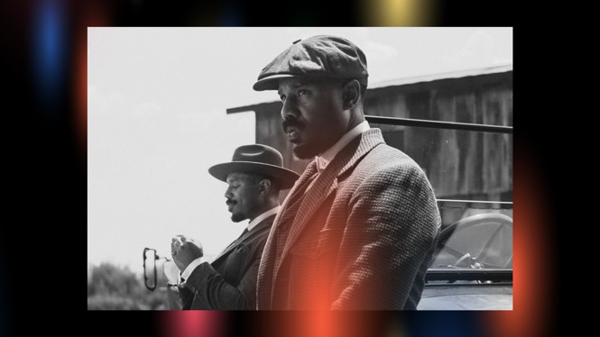 Michael B. Jordan next to himself in Sinners