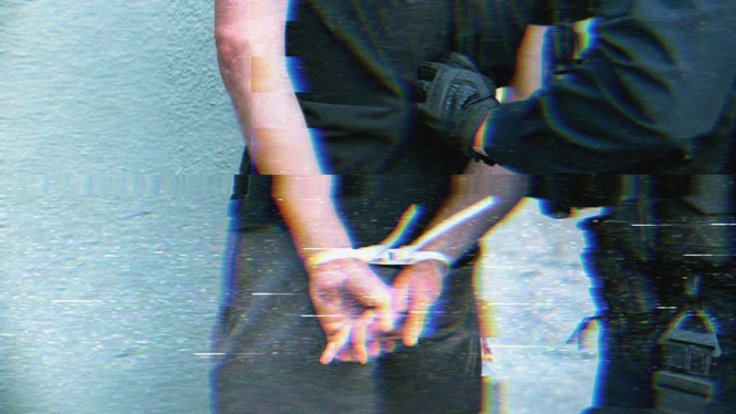 A distorted image of a man getting locked up