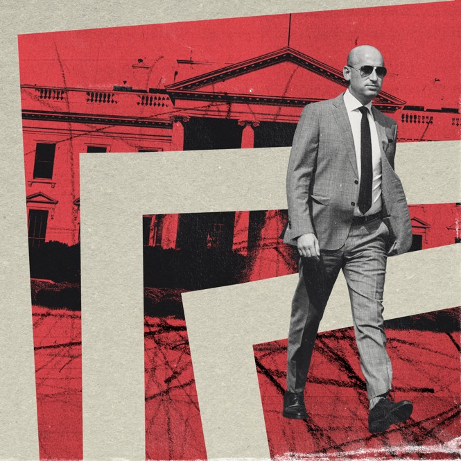 Stephen Miller walking in front of the white house