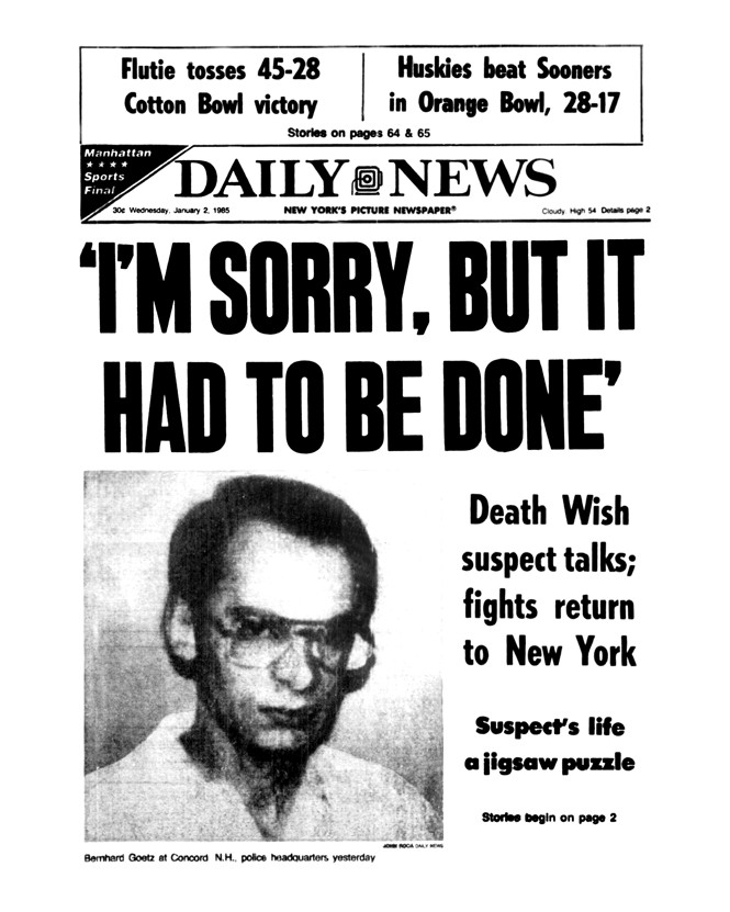 Black and white scan of a New York Daily News cover with Geotz's photo and a quote reading "I'm sorry, but it had to be done"