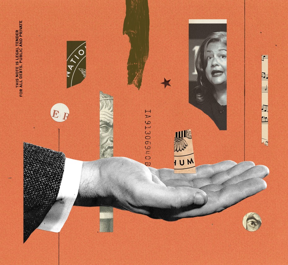 collage-style illustration with a black-and-white photo of a person's hand outstretched to catch strips of other images raining down including photo of Alexander, NEH logo, musical notes, money, on orange background