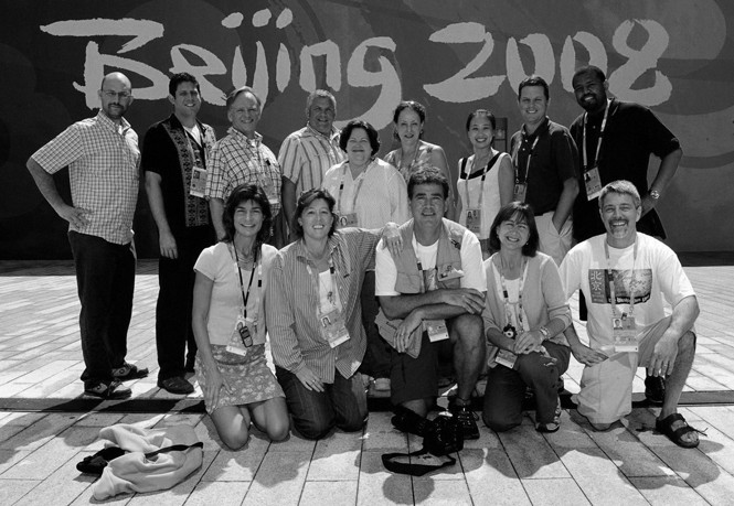 A black and white photograph of Washington Post Staff during reporting of the Beijing Olympics