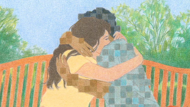 An illustration of a woman hugging a pixelated figure on a park bench on a sunny day.