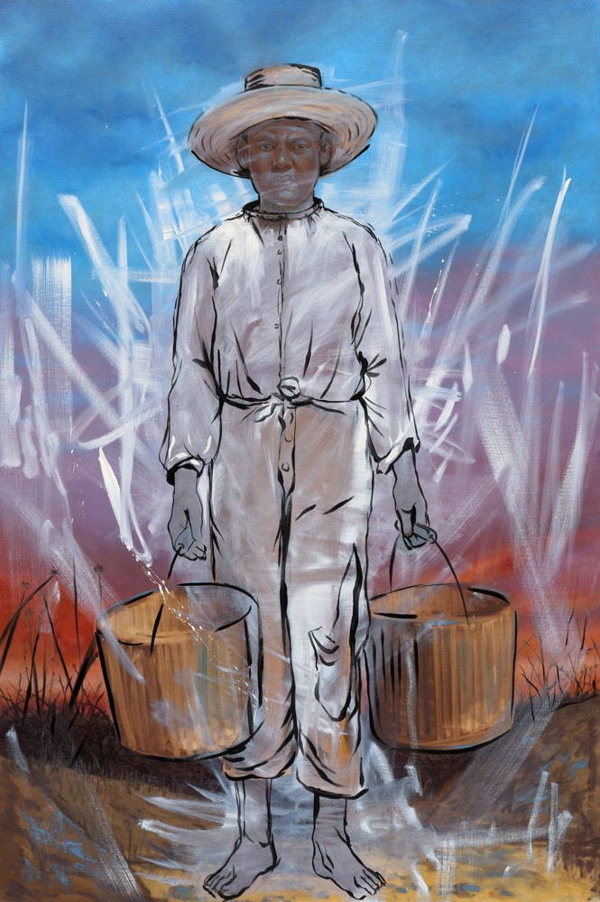 A painting of a young boy holding buckets 