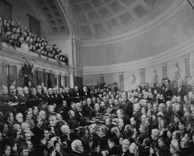black-and-white painting of interior of a crowded Congressional meeting hall with audience in gallery above 