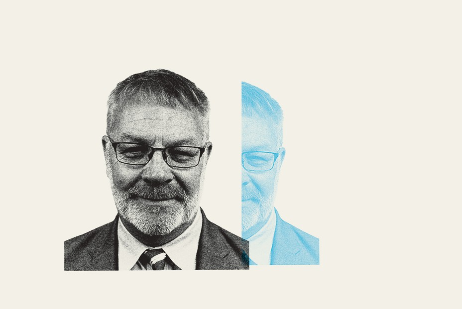 photo-illustration with black-and-white image of man with beard wearing glasses and suit, duplicated in style of blue duotone on tan background