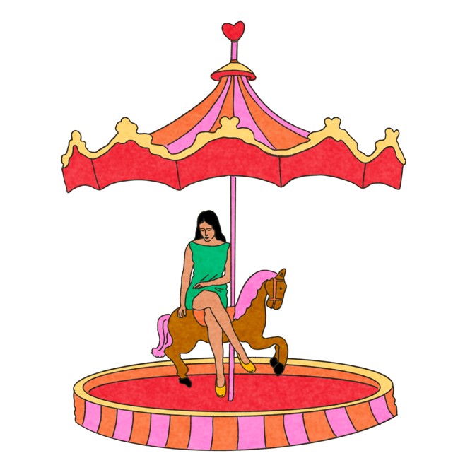 illustration with woman in green dress sitting on carousel ride with only a single horse on it