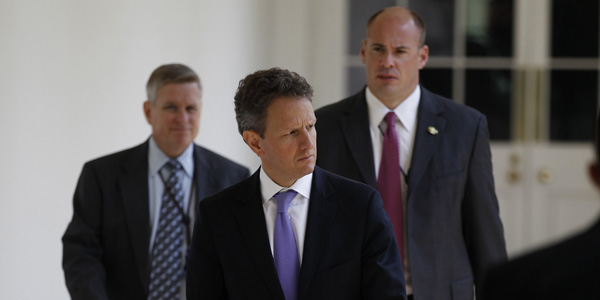 Geithner walking after debt deal - Larry Downing Reuters - banner.jpg