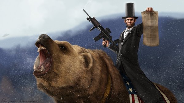 abraham lincoln riding a bear with a machine gun