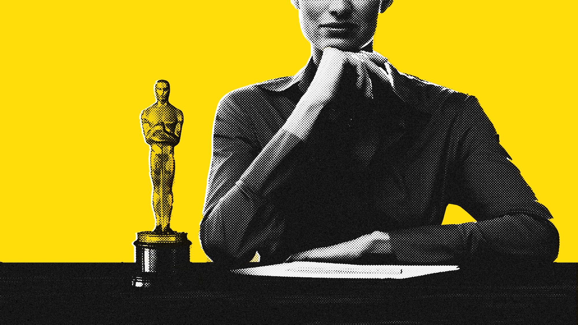 A photo-illustration showing a woman sitting next to an Oscars trophy