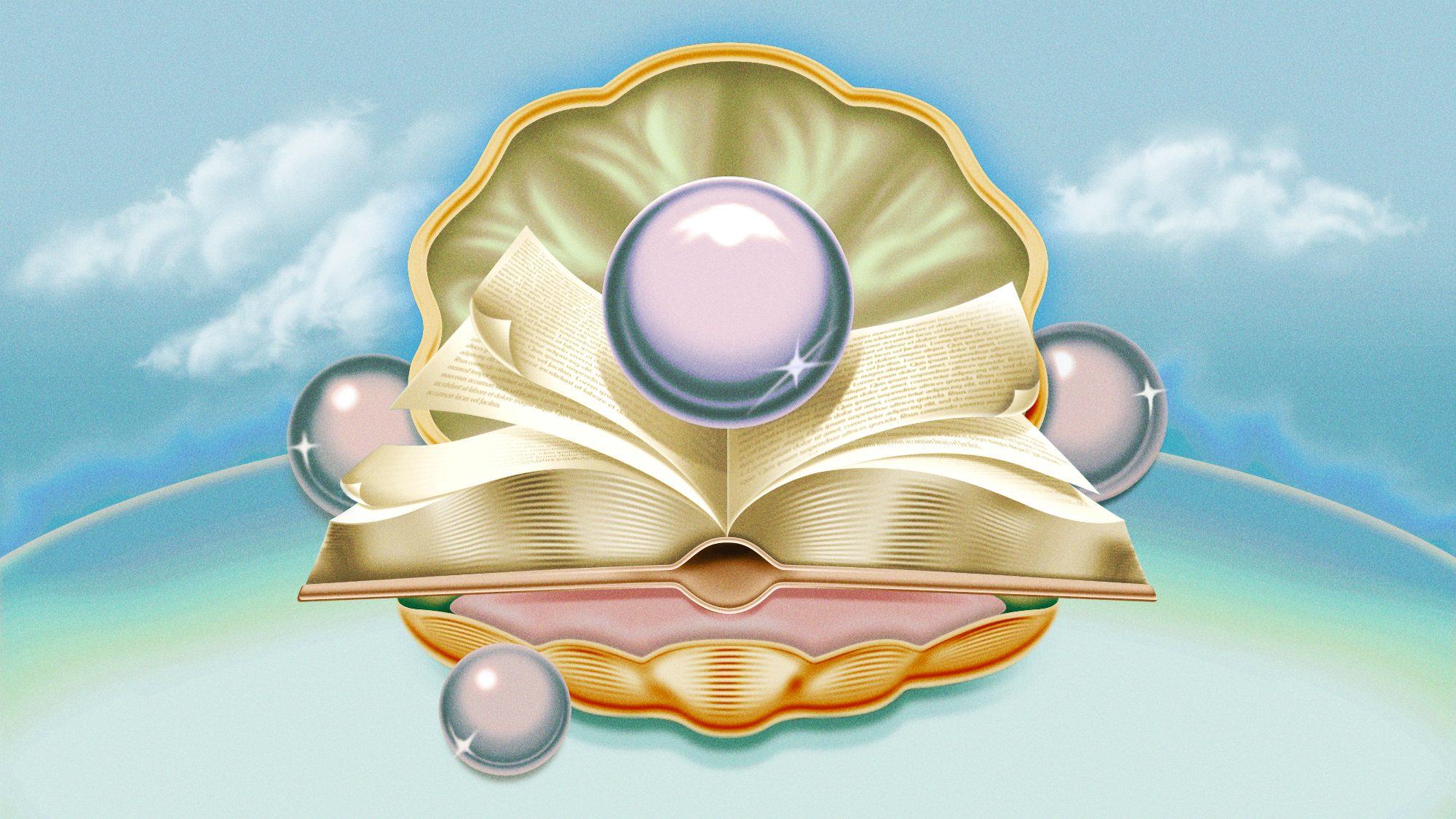 An illustration showing clam shells, pearls, and a book