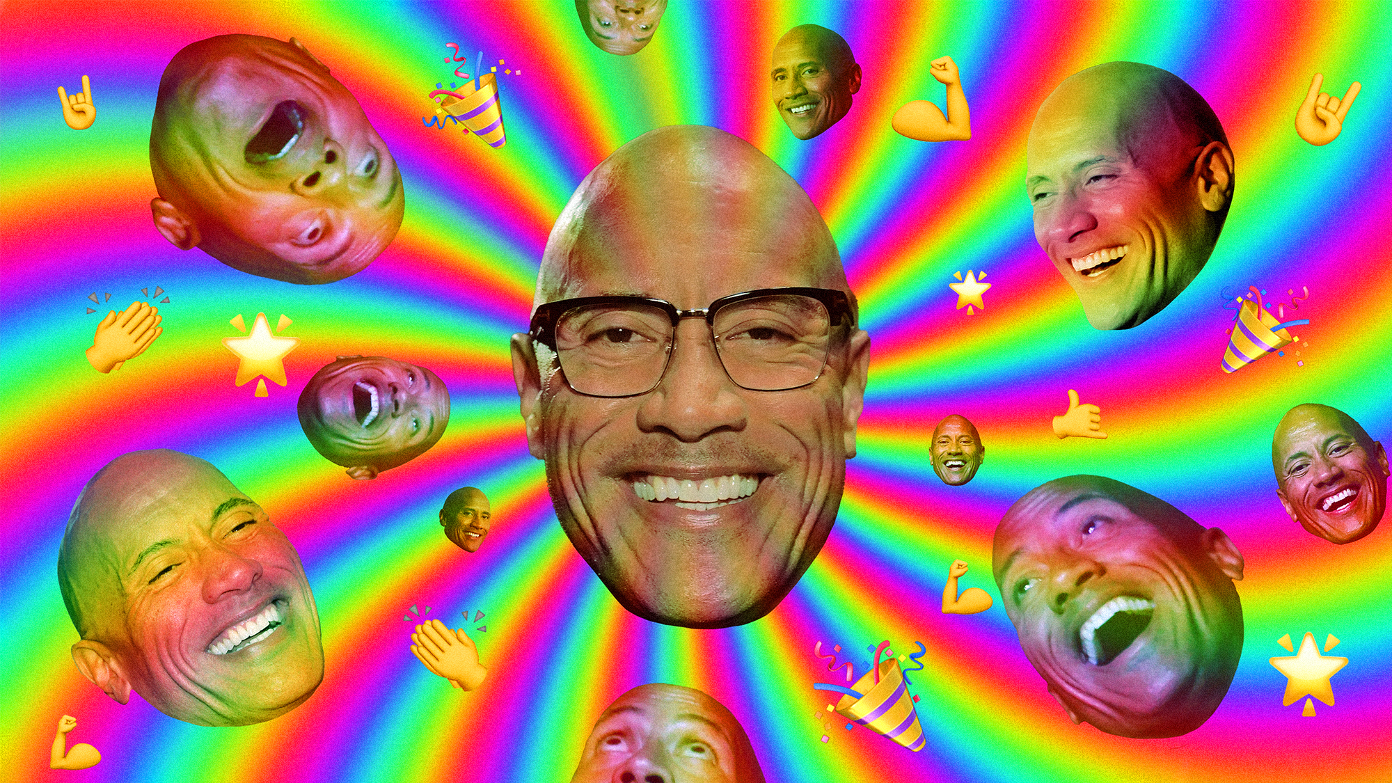 A rainbow image with multiple faces of Dwayne Johnson