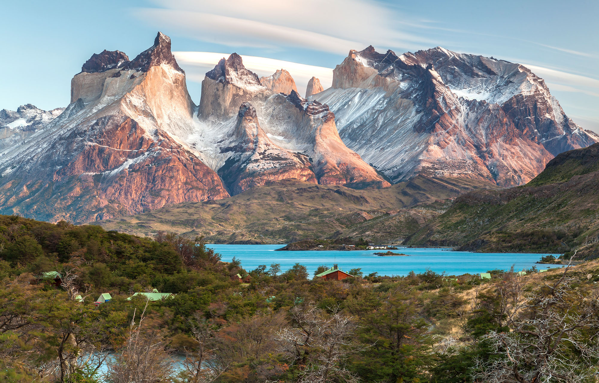 A view of the Cuernos del Paine, a cluster of steep granite peaks in Chile’s Torres del Paine National Park