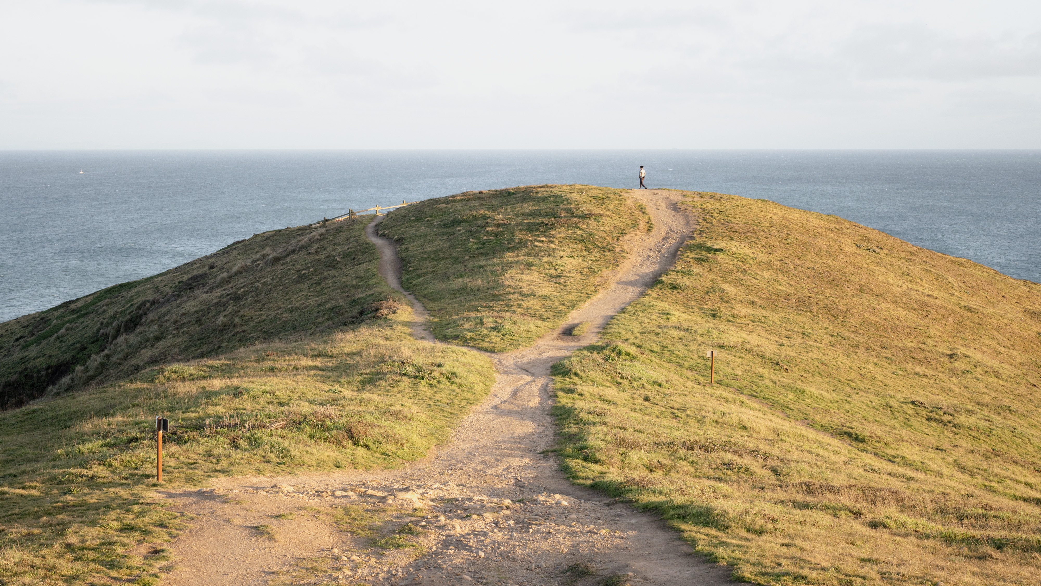 A grassy hill overlooks an expanse of water