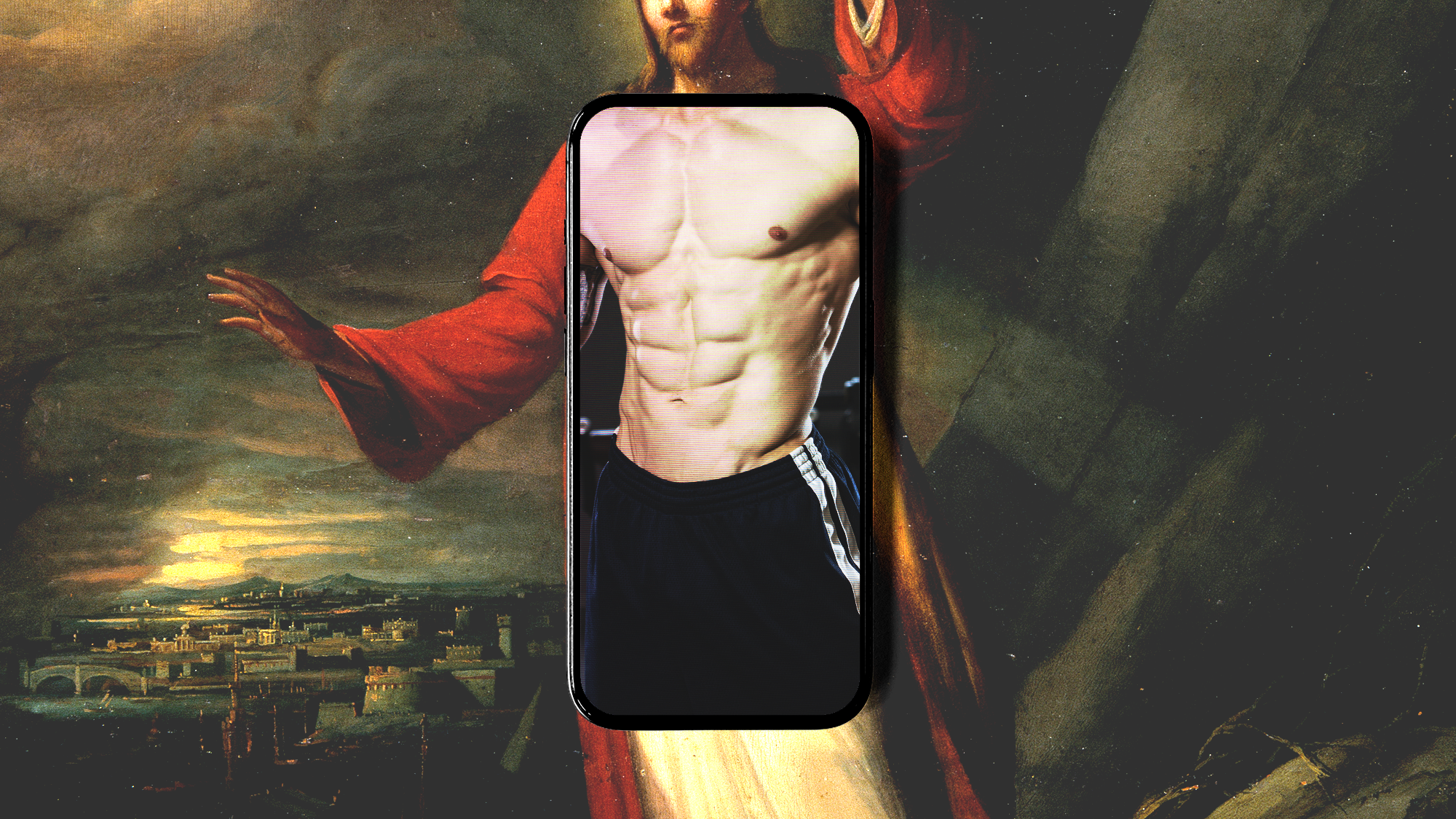 A painting of Jesus with a phone screen that shows abs