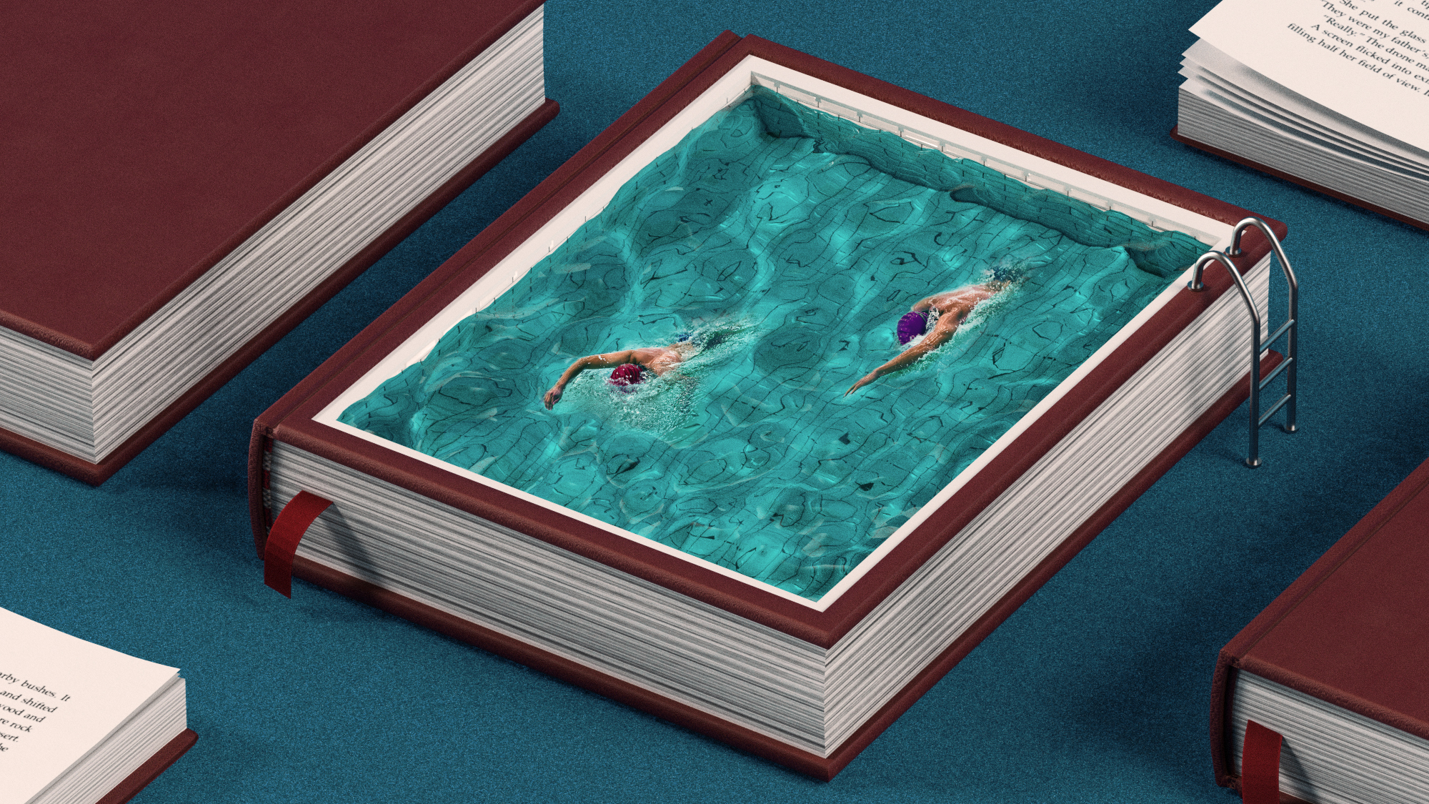 A swimming pool that looks like a book with two swimmers in it