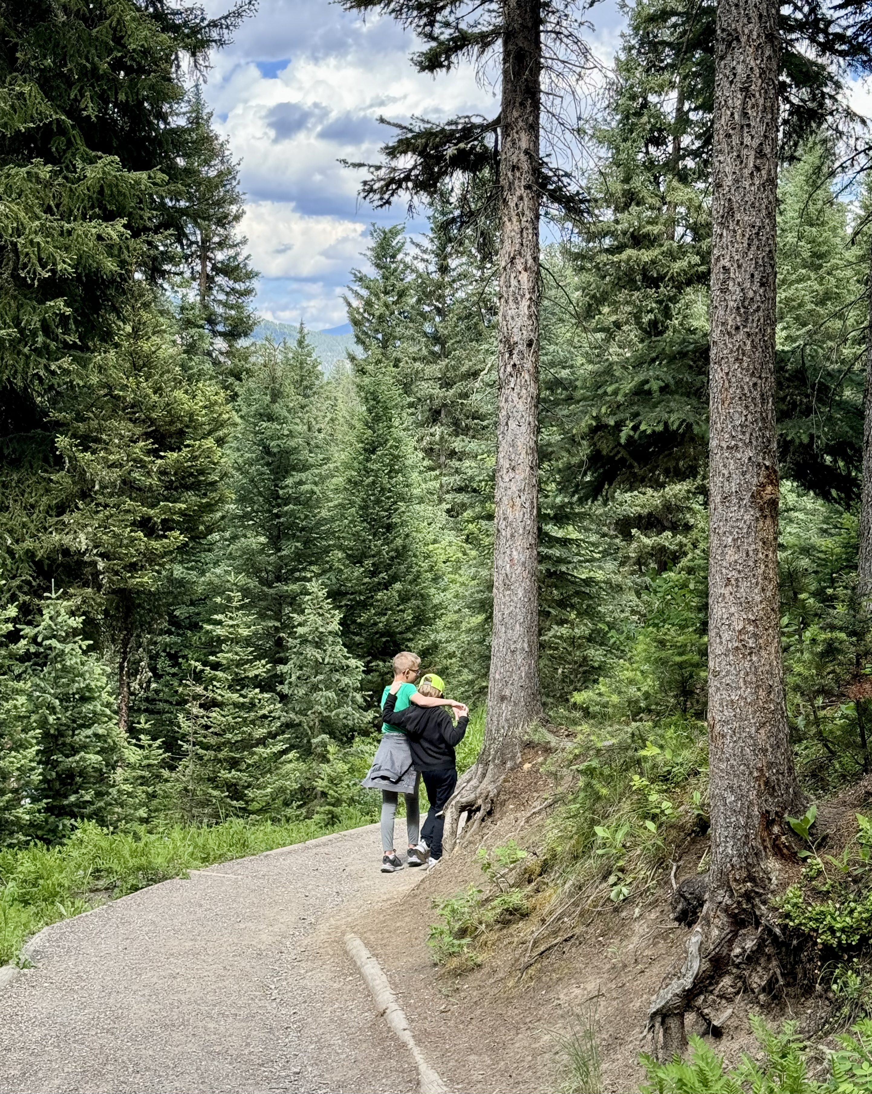 Image of two boys with their arms around one another on a hiking trail