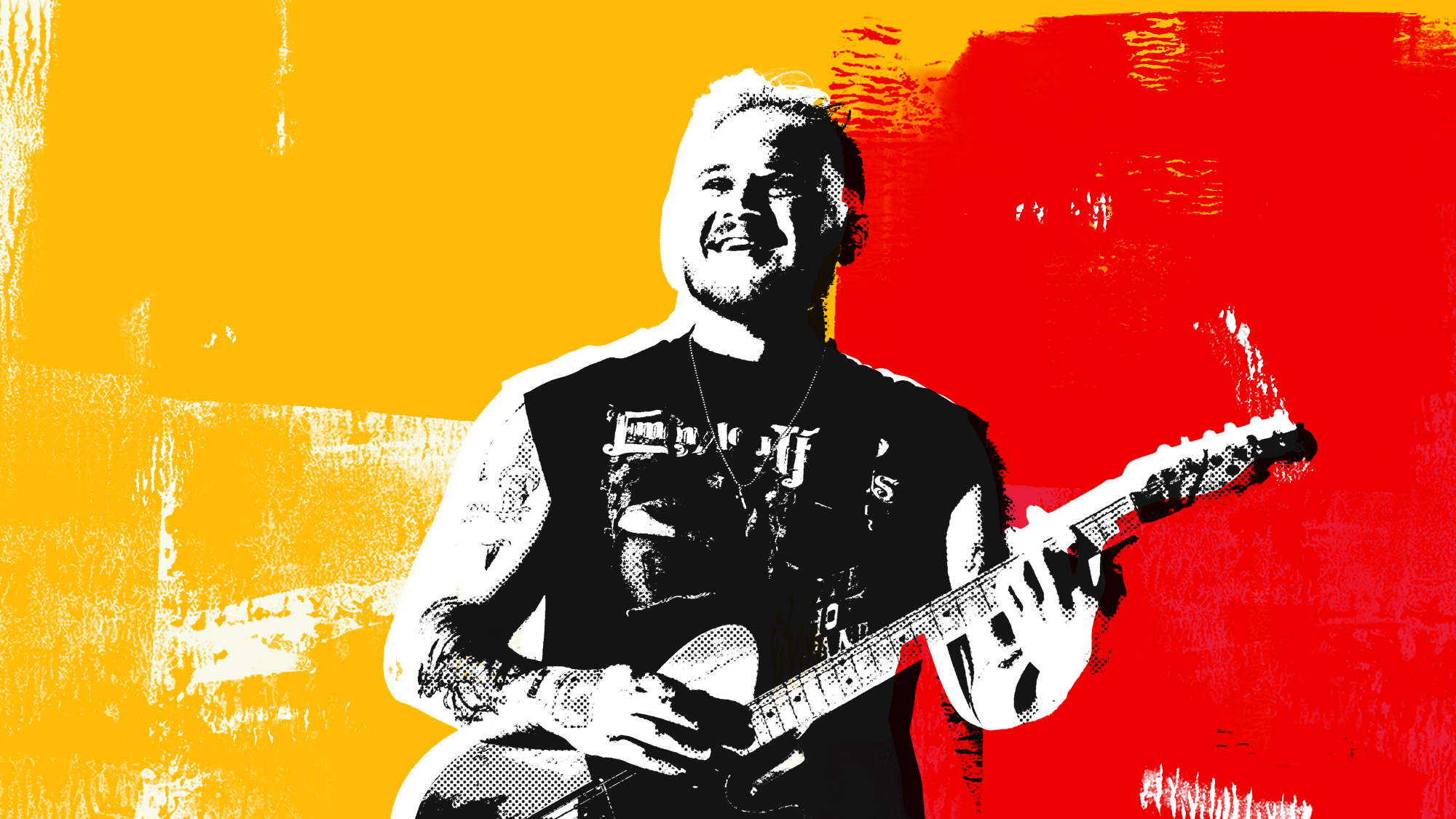 A photo-illustration of Zach Bryan smiling while playing the guitar