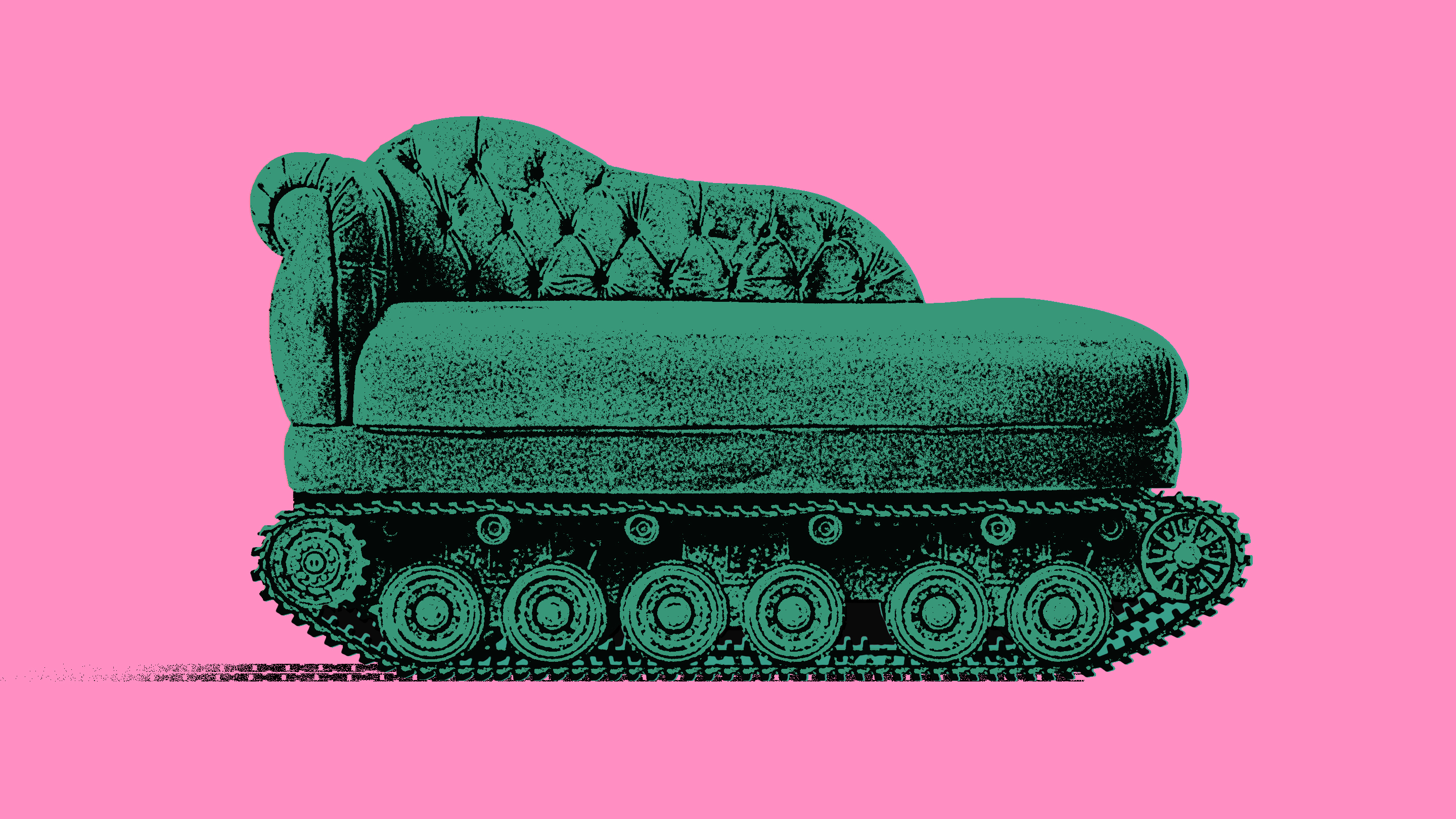 A green chaise on wheels that looks like a tank, in front of a pink background
