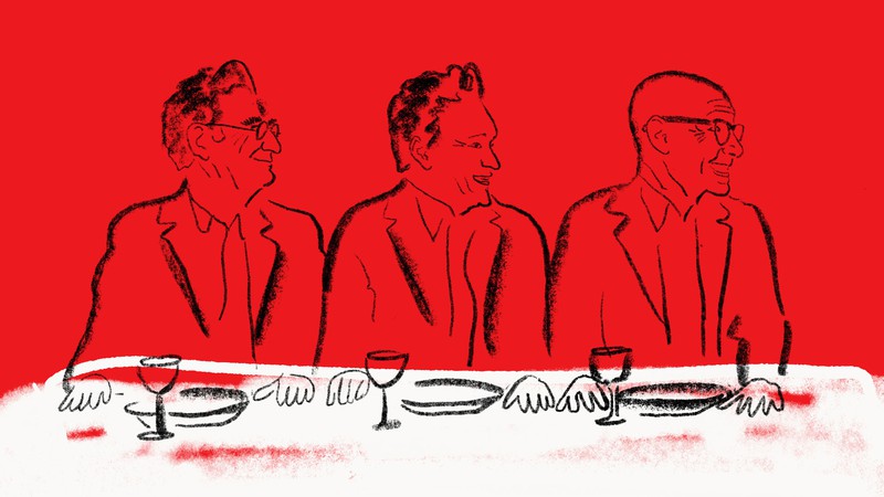 Sketch of three men in profile sitting at table set with plates and wine glasses on red background