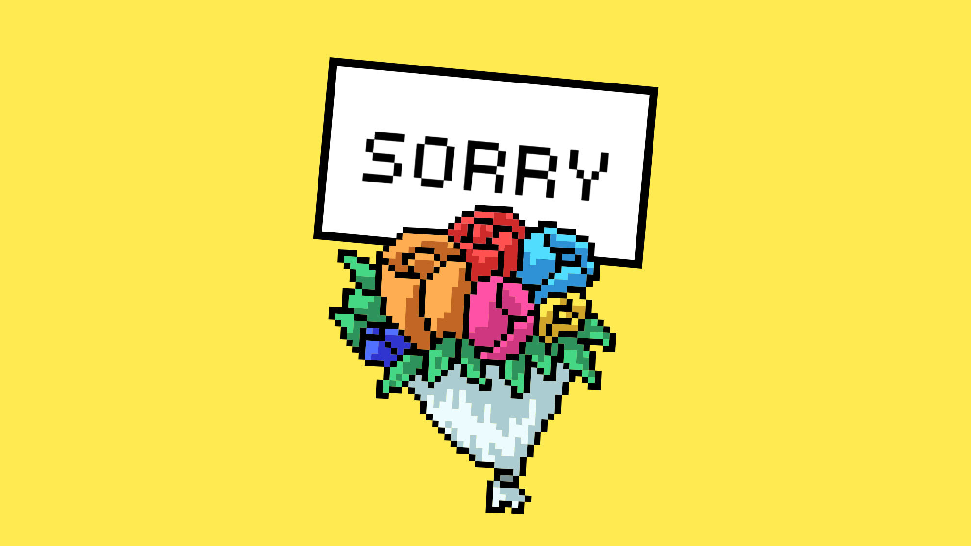 A pixelated image of a bouquet of flowers and a "Sorry" card