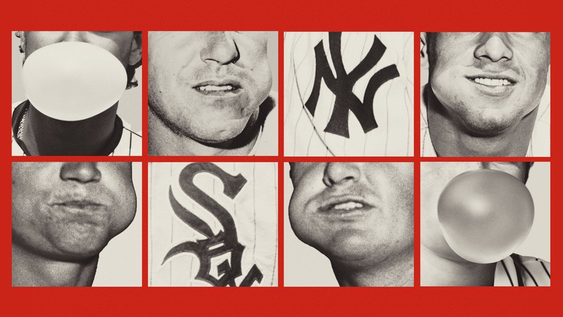 A grid of black and white square close-up photographs of baseball players chewing and blowing bubbles, against a red background.