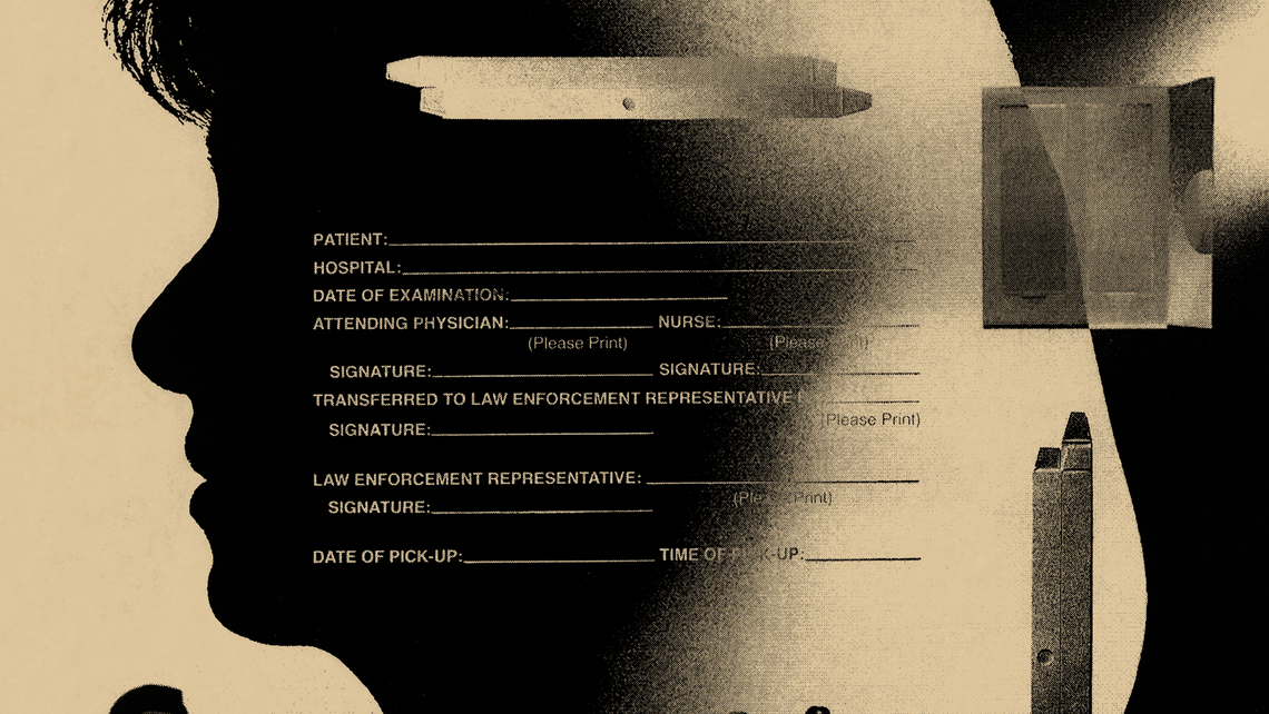 An illustration showing the silhouette of a woman and patient document details over her face