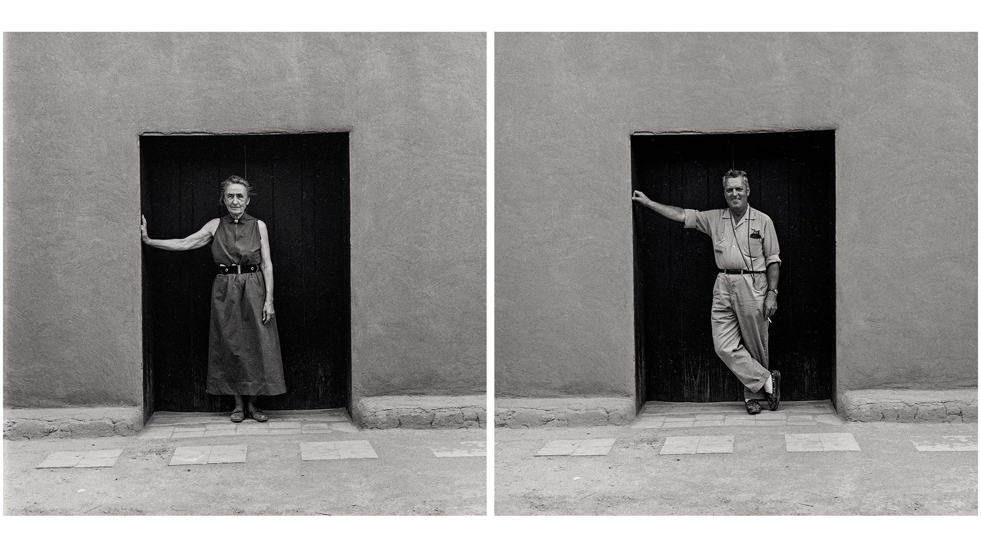 Two black-and-white photos of same black doorway in adobe wall, one with O'Keeffe leaning against frame, the other with Webb in same pose