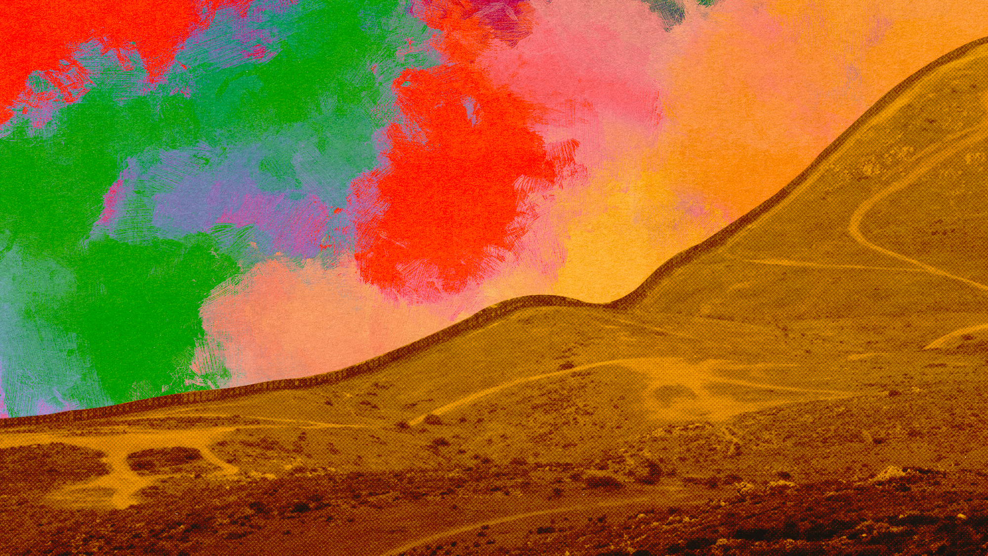 Photo-illustration of a desert hill with a sky full of red, green and yellow patches.