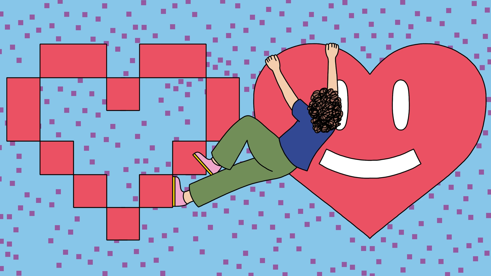 An illustration of a person climbing from a pixelated heart to a drawn heart