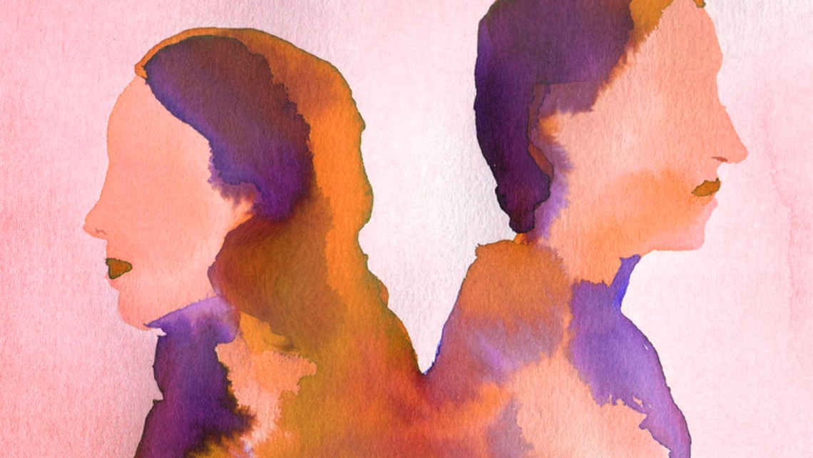 A watercolor image of a man and a woman with their backs to each other