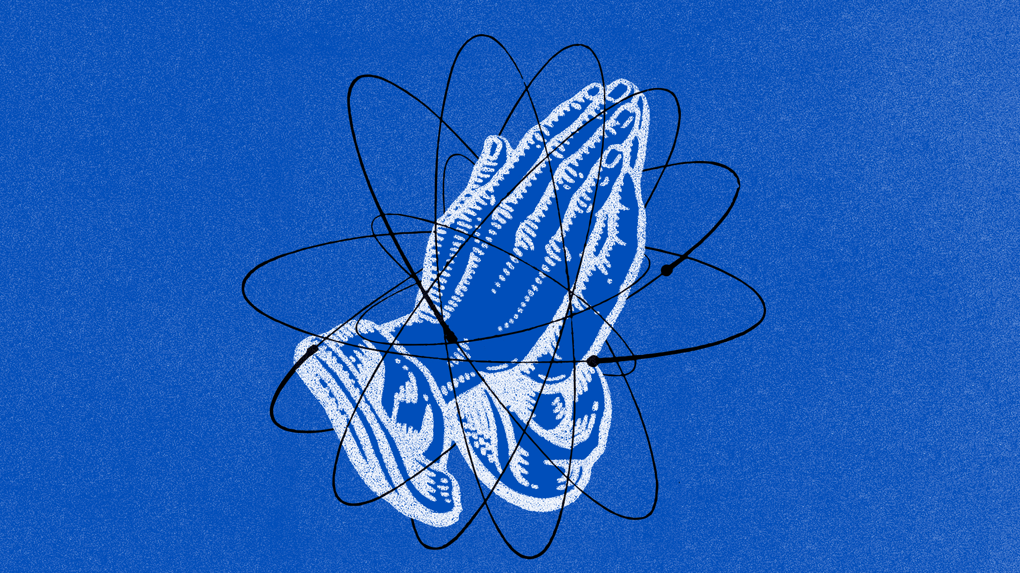 Two hands in prayer with the drawing of an atom over them