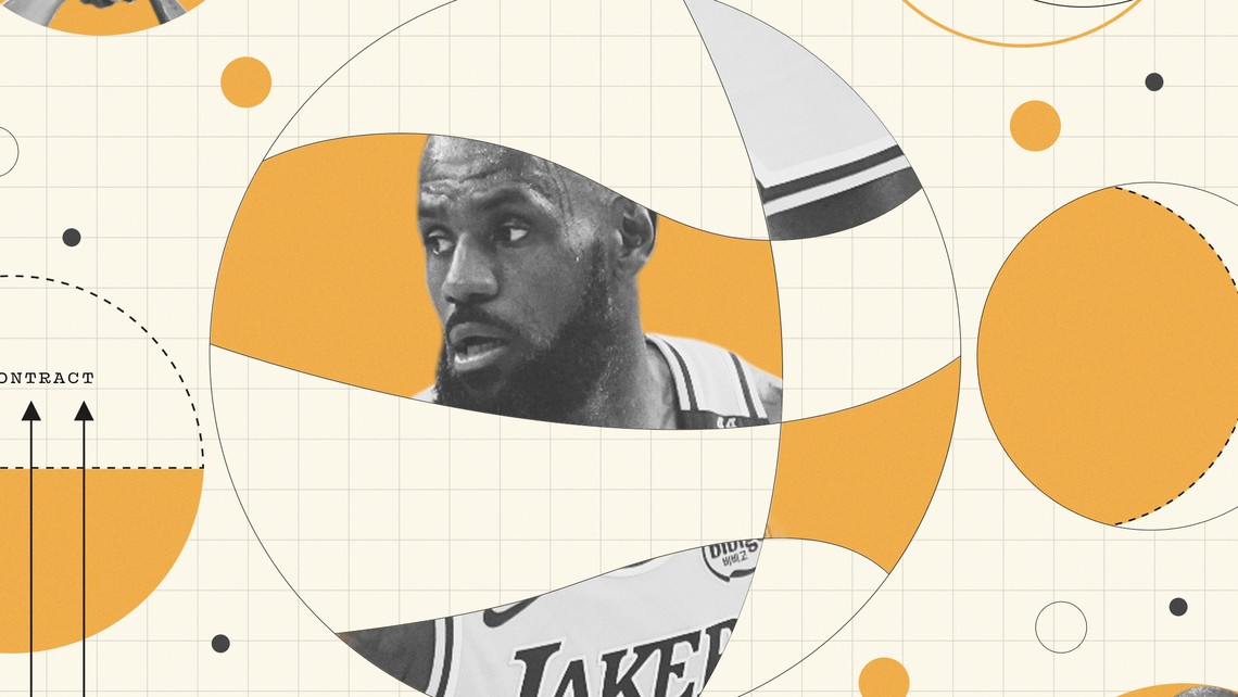 An illustration of basketball outlines and a photo of Lebron James