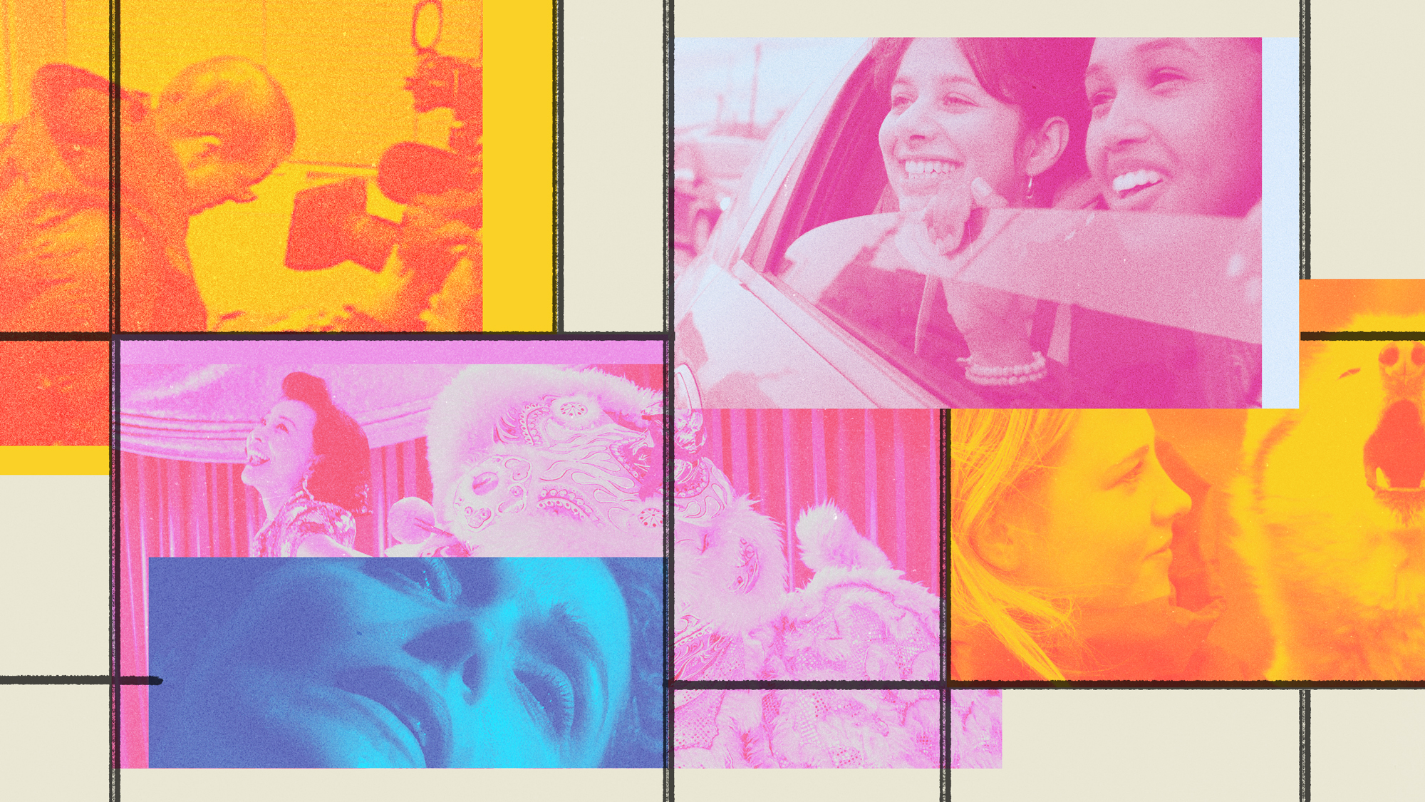 A collage of Sundance film stills in bright colors