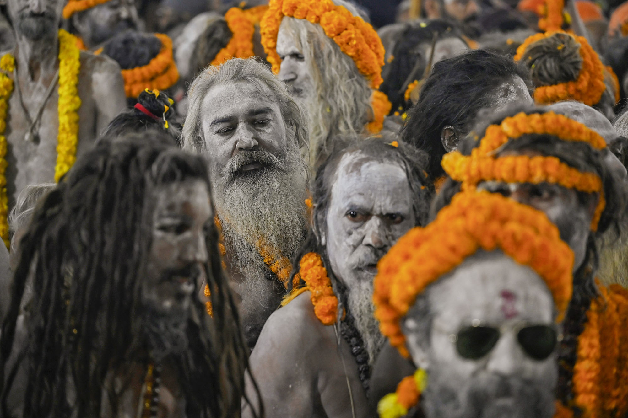 Naga sadhus, or Hindu holy men, arrive in Prayagraj, India.