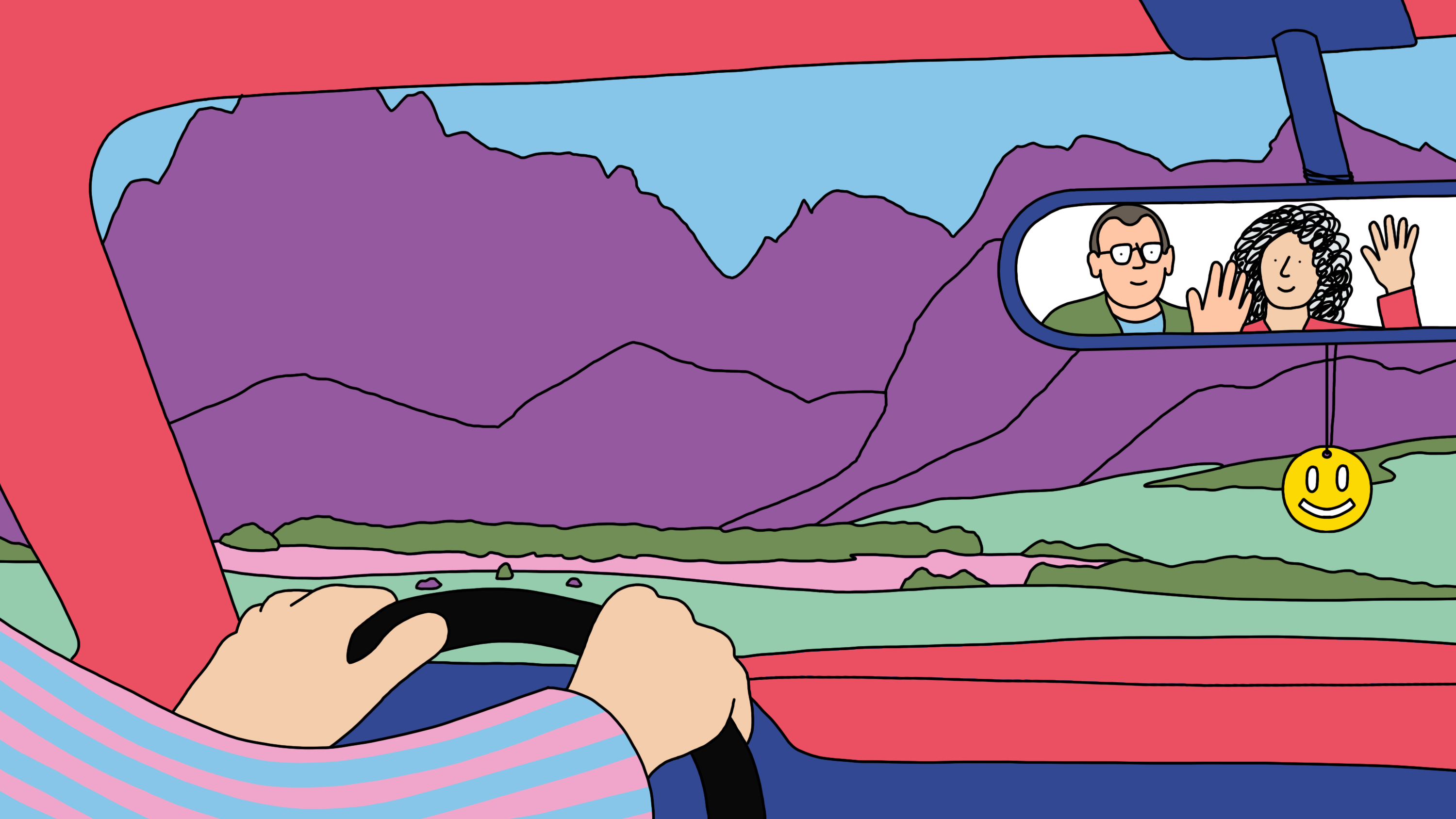 A person driving with two parents in the rearview mirror
