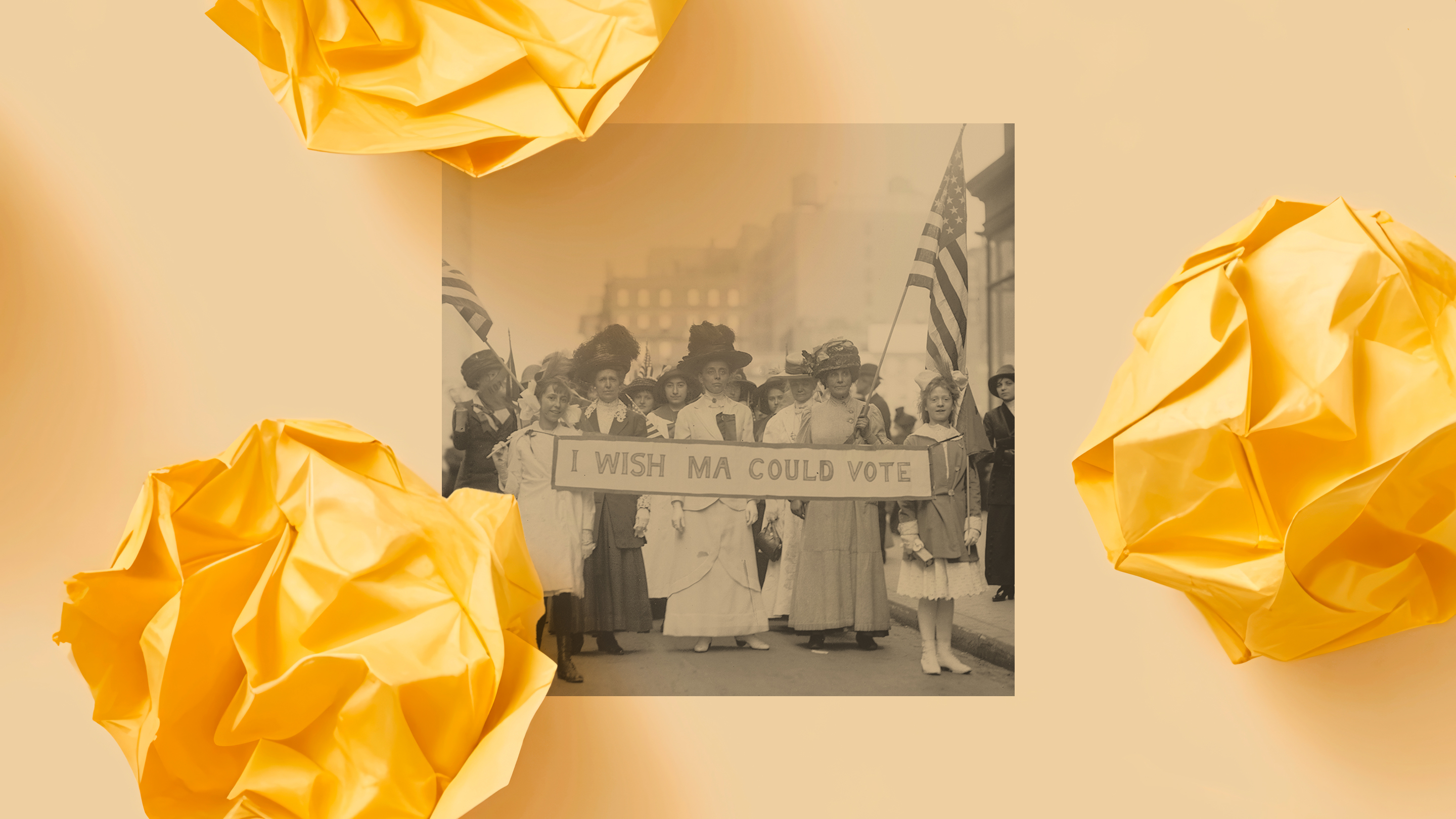 Multiple crumpled pieces of yellow paper on top of a picture of suffragettes