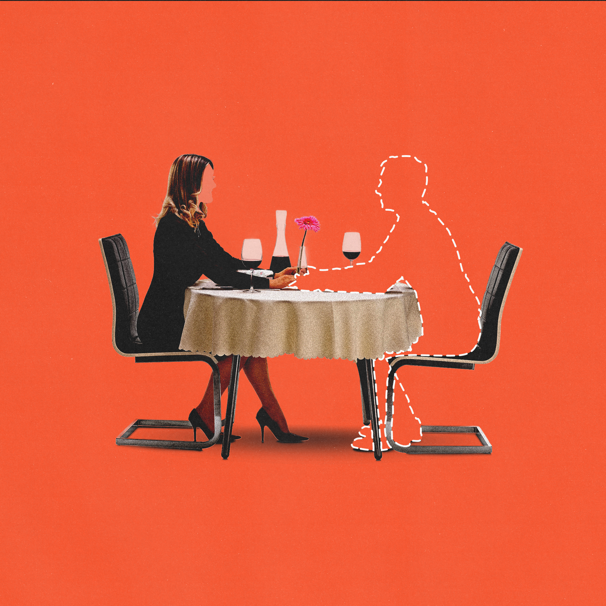 An illustration of a woman sitting at a table across from a silhouette from a man drawn with a dotted line.