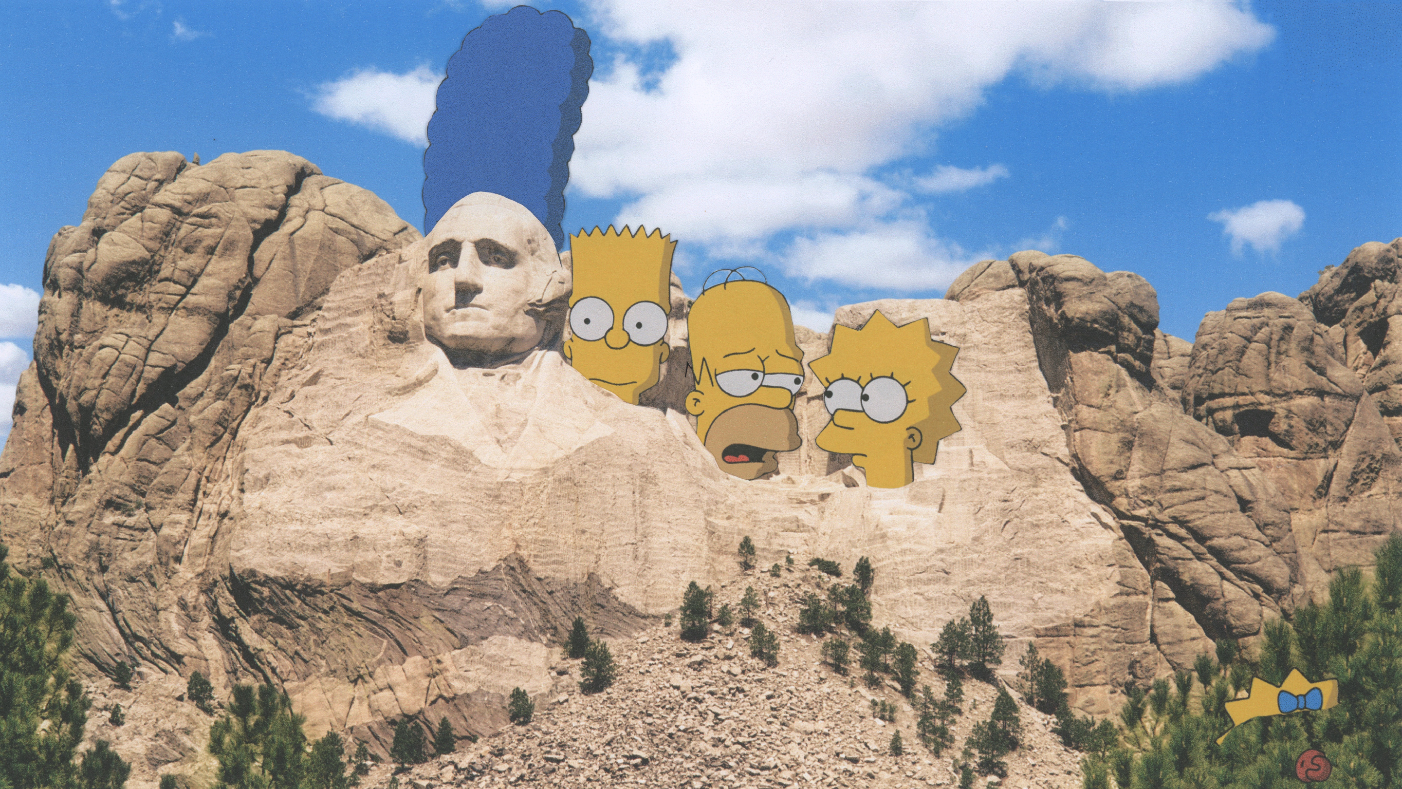 Mount Rushmore with the Simpsons family superimposed on it