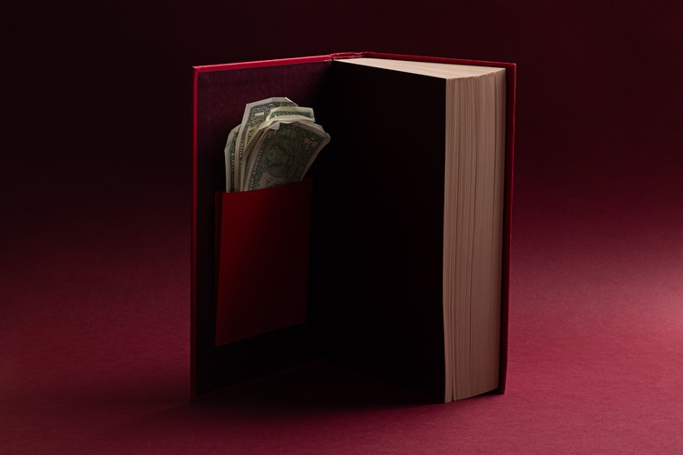 Illustration of a book open with money inside it
