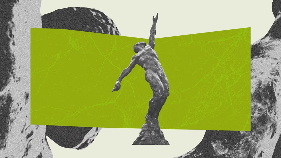 A photo-illustration of a statue of Arthur Ashe set against a green background
