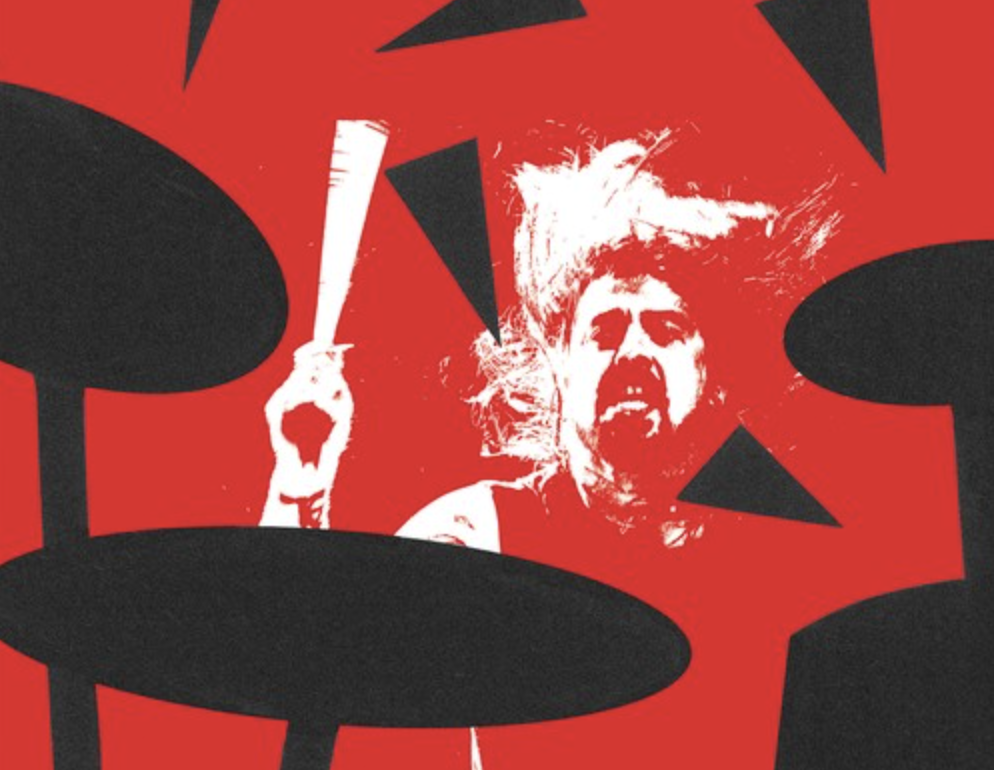 illustration with white photo image of Dave Grohl playing drums, hair flying, hand with stick raised, on red background with black abstract drum set and shattered black triangles flying off it
