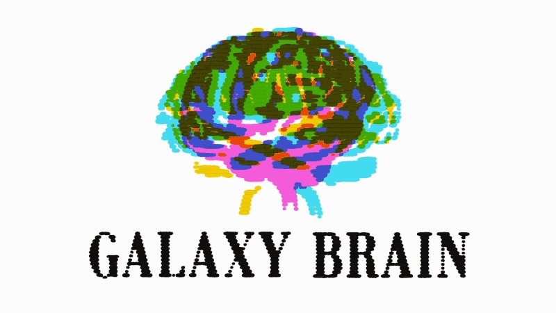 An animated GIF of the “Galaxy Brain” show art, featuring a fluorescent-colored brain rotating over the words "Galaxy Brain" in all-caps serif font.