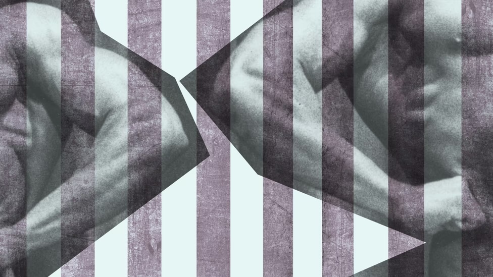 Image of two muscled men with an American flag overlay