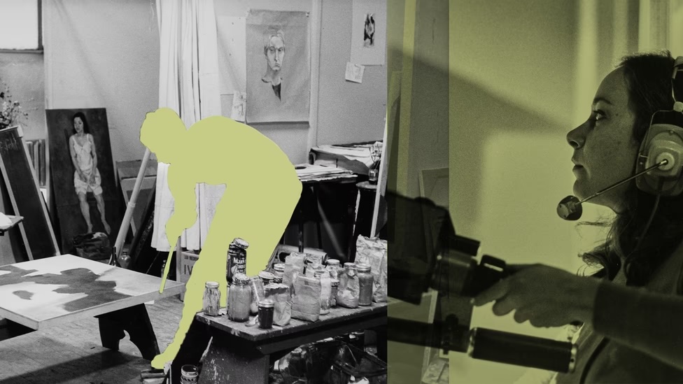 a diptych featuring a silhoutte in a painting studio and a woman holding a camera