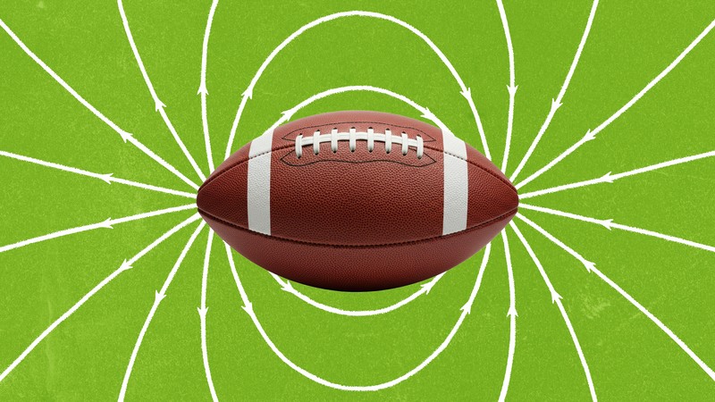 A brown American football floats at the center of a bright-green background, overlaid with white, chalk-like arrows and curved lines radiating outward, resembling a play diagram drawn on a football field.