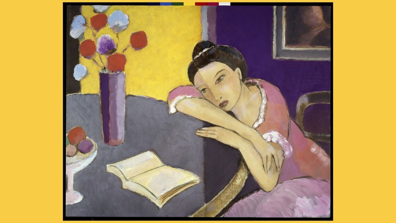 Painting of woman with her head resting on her forearms, looking at a book open on the table