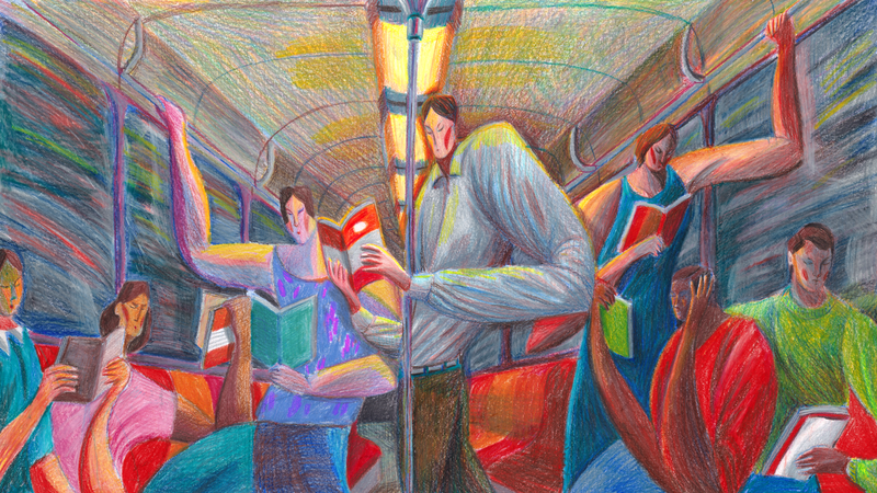 A colored-pencil illustration of people reading on the train