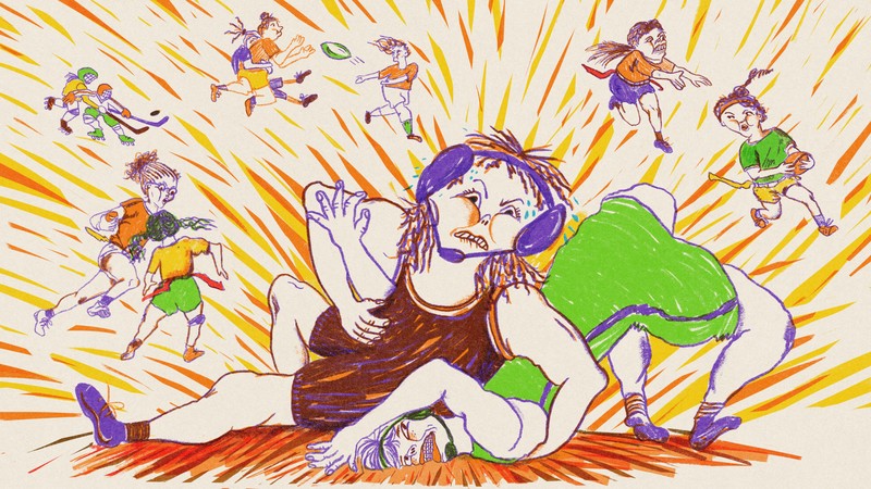 Illustration of girls playing flag football, roller hockey, tackle football and wrestling in shades of orange, purple, and green