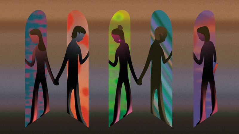 In an illustration, five different figures look down in arched columns